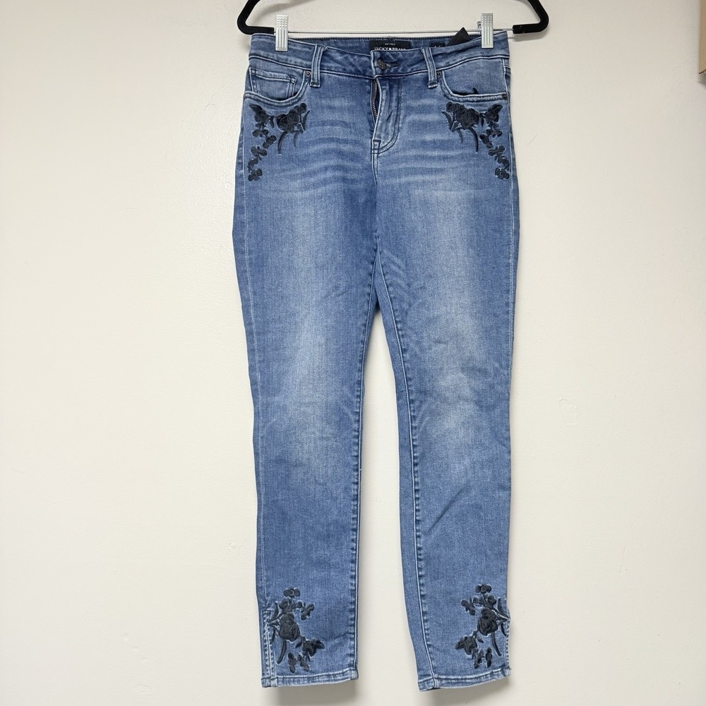 Lucky Brand Womens Floral Embroidered Mid Rise Skinny Jeans Blue Size 6 28